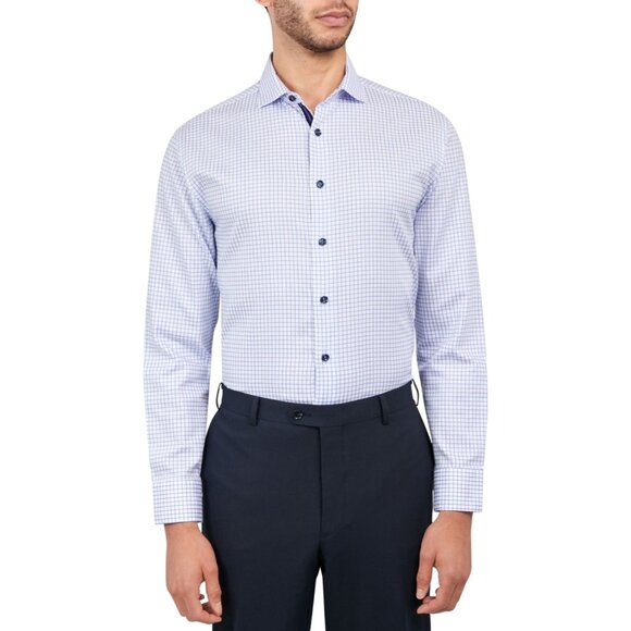 Michelsons of London Men's Medium Regular-Fit Blue Check Dress Shirt Long Sleeve - Picture 3 of 15